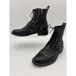 Jimmy Choo Hannah Leather Pearl Combat Lace Up Boots Black Size 38.5 / 8.5